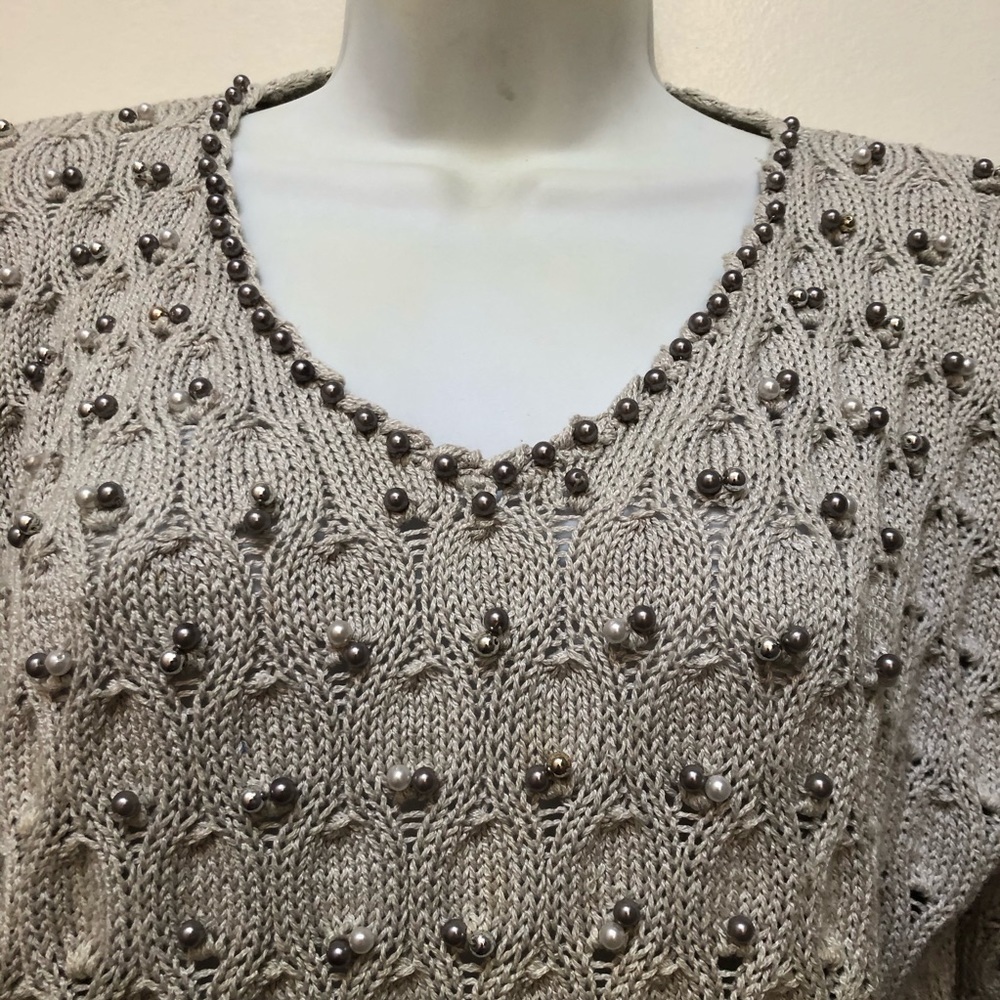 Cable Knitted Lightweight V Neck Tan Handmade Sweater Perl Clusters Small - Picture 6 of 10